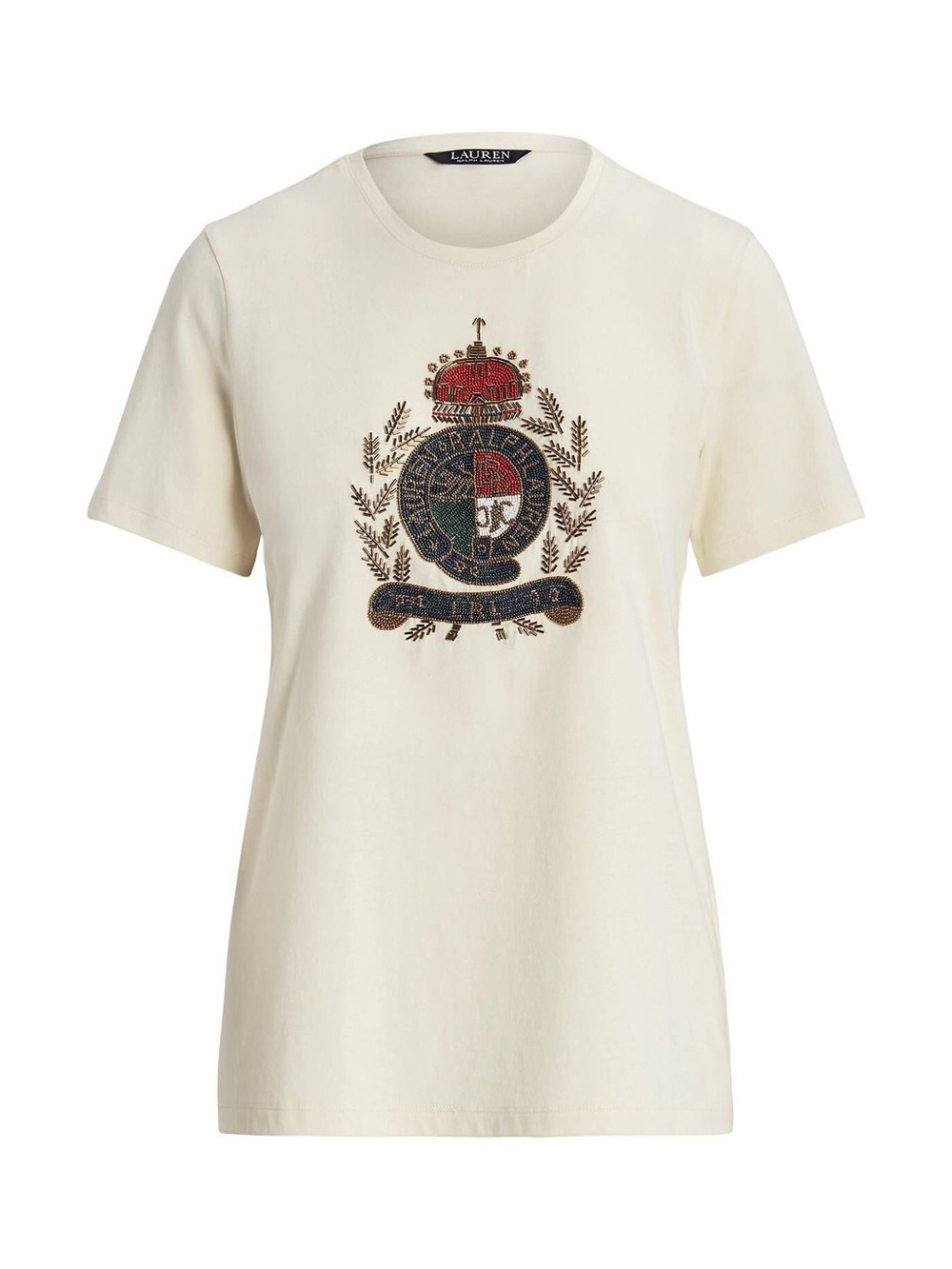 Lauren Ralph Lauren Beaded Crest Embellished Tee Ivory Large